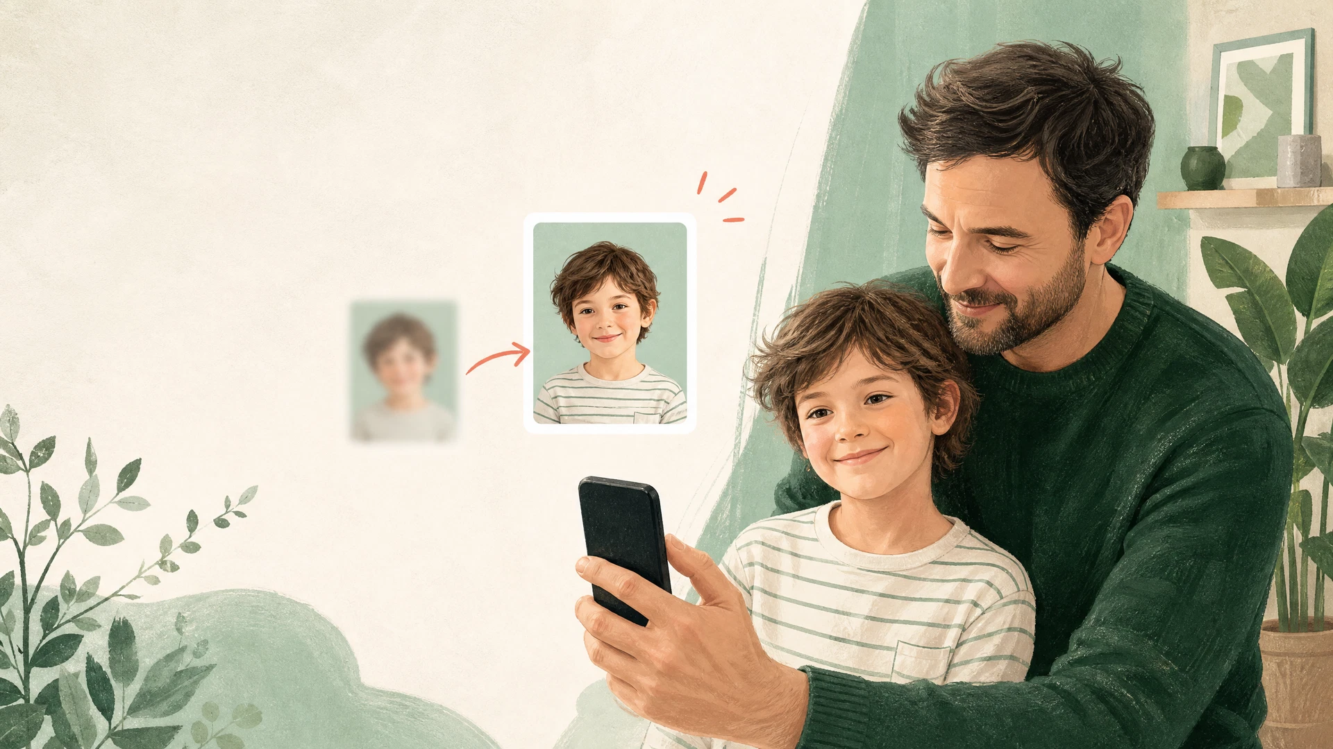 Une photographie lumineuse et épurée montrant un appareil photo posé sur une table en bois clair à côté d'un portrait d'enfant flou en arrière-plan.