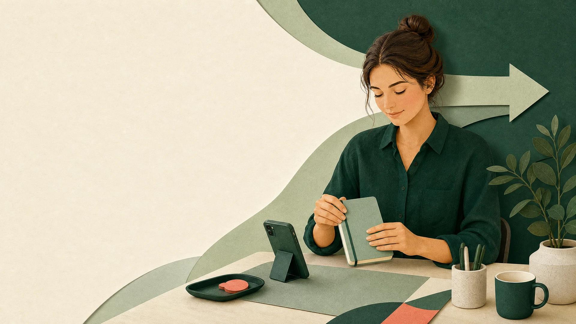 Un bureau en bois épuré avec un smartphone affichant un code de validation à côté d'un ordinateur portable ouvert sur un formulaire administratif flou.