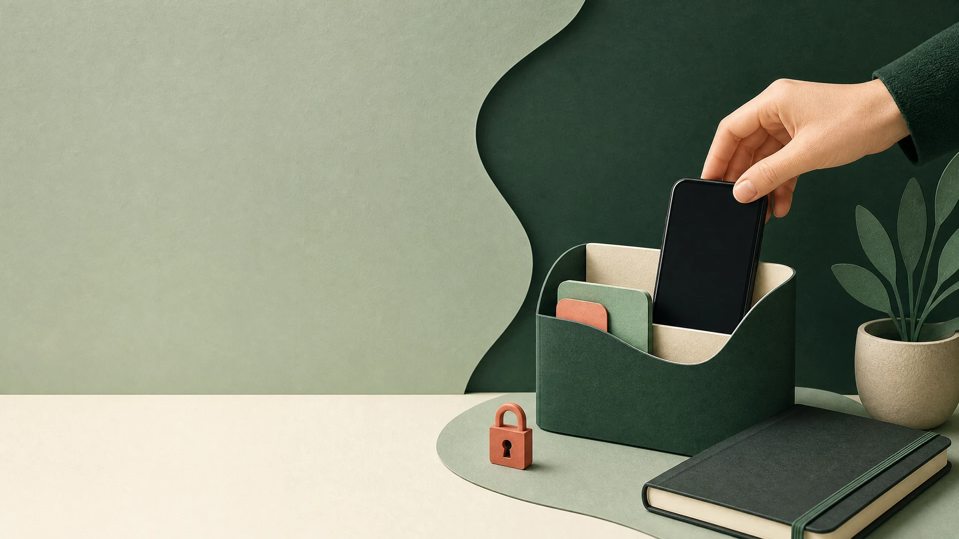 Une main tenant un smartphone affichant un dossier sécurisé à côté d'un carnet de notes élégant sur un bureau en bois clair.