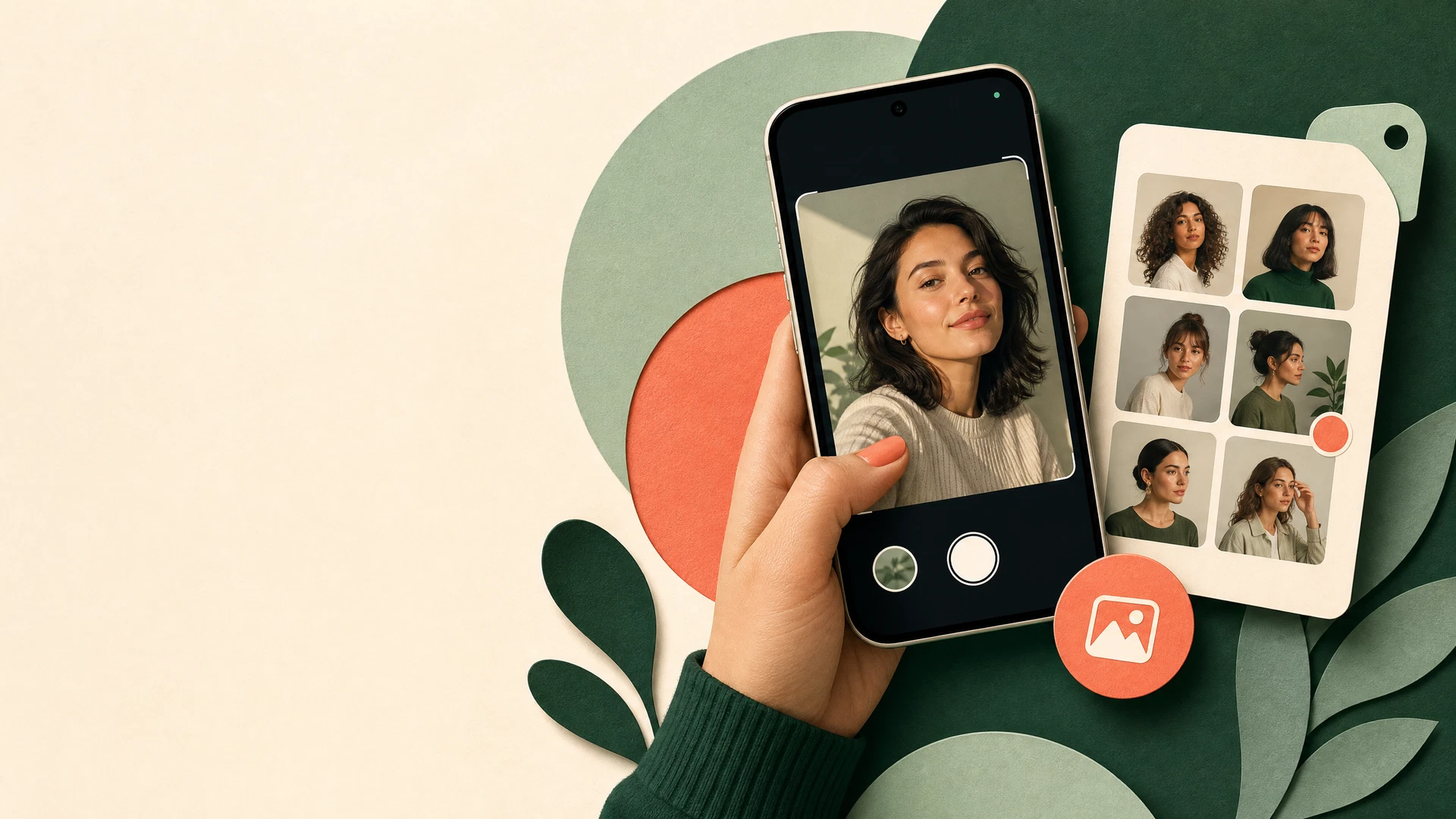 Une photographie lumineuse et épurée montrant un smartphone posé sur une table en bois clair, capturant un portrait net sur fond blanc, symbolisant la modernité du selfie officiel.