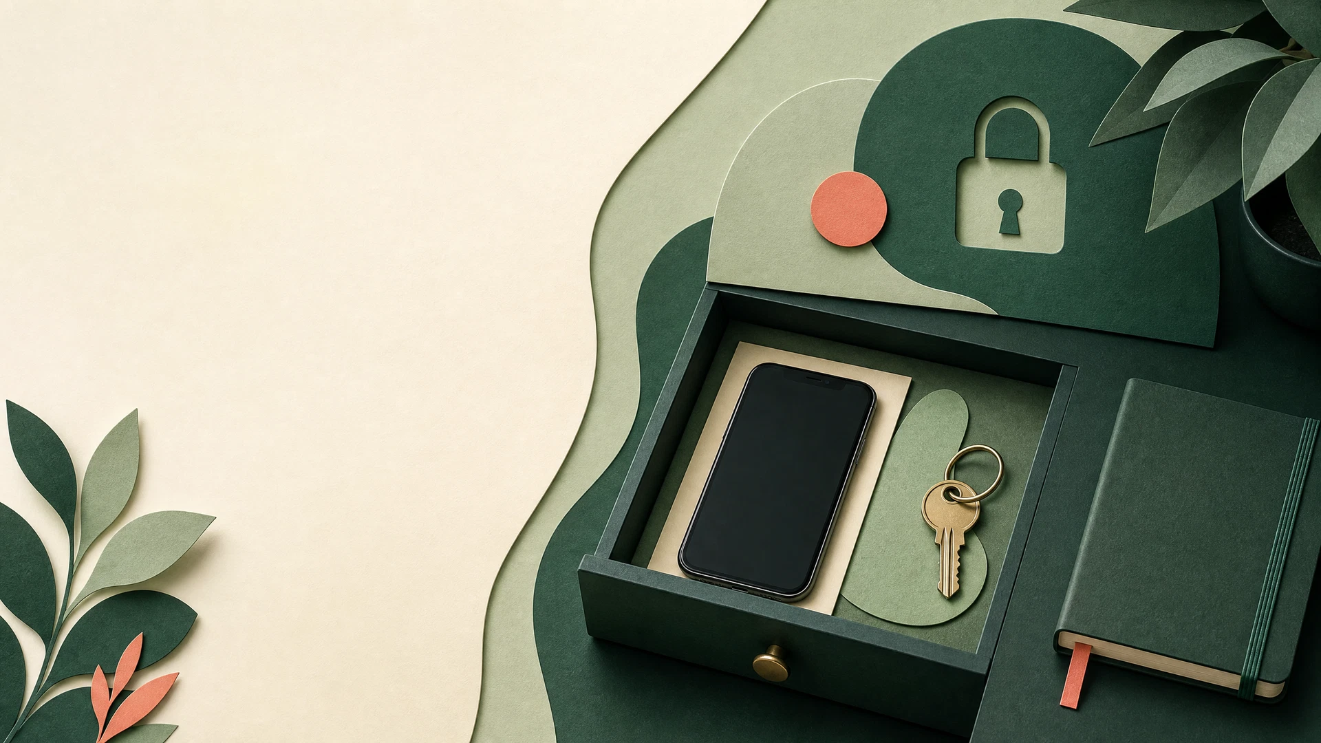 Une vue en gros plan d'un smartphone affichant un dossier sécurisé à côté d'un carnet de notes élégant sur un bureau en bois clair.