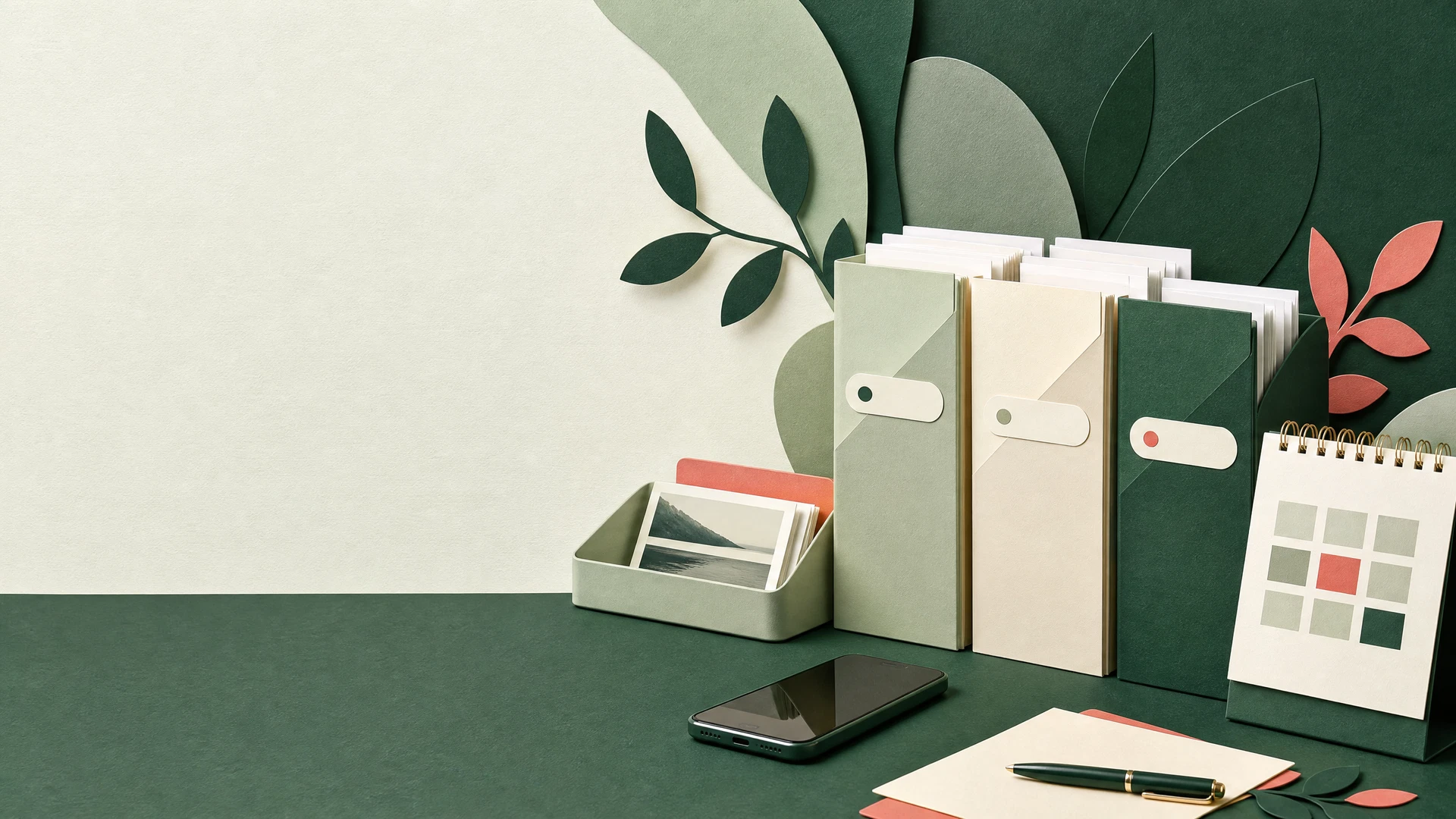 Une vue de dessus élégante montrant un bureau organisé avec un smartphone affichant un portrait clair, des documents soigneusement empilés et une lumière naturelle douce.
