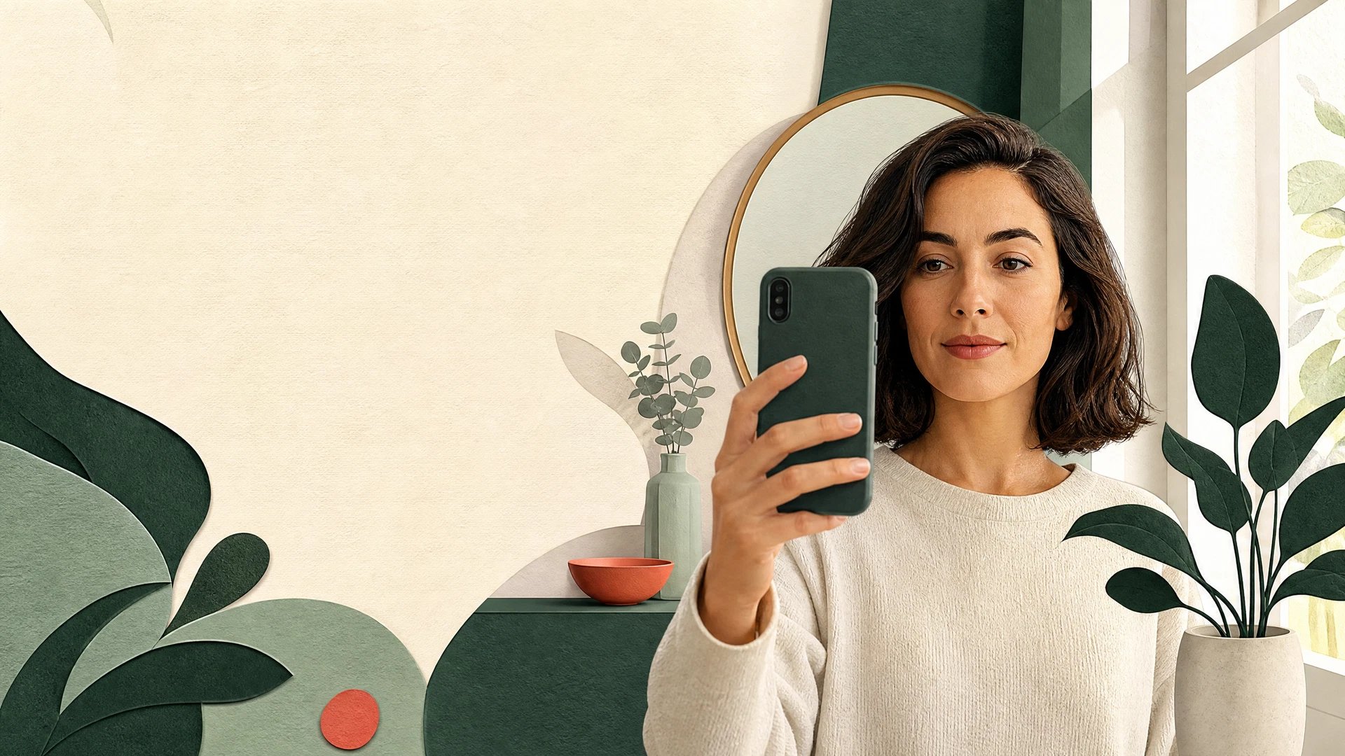 Un gros plan épuré d'un smartphone posé sur un bureau en bois clair, reflétant une lumière naturelle douce provenant d'une fenêtre invisible.